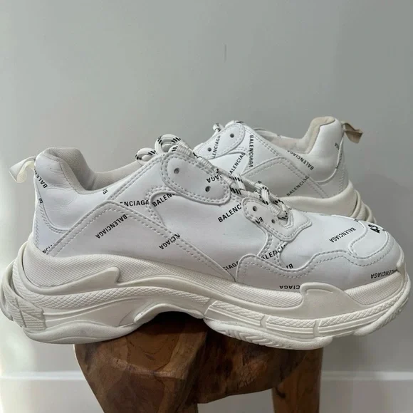 Size 10- Balenciaga Triple S Sneaker Allover Logo - White